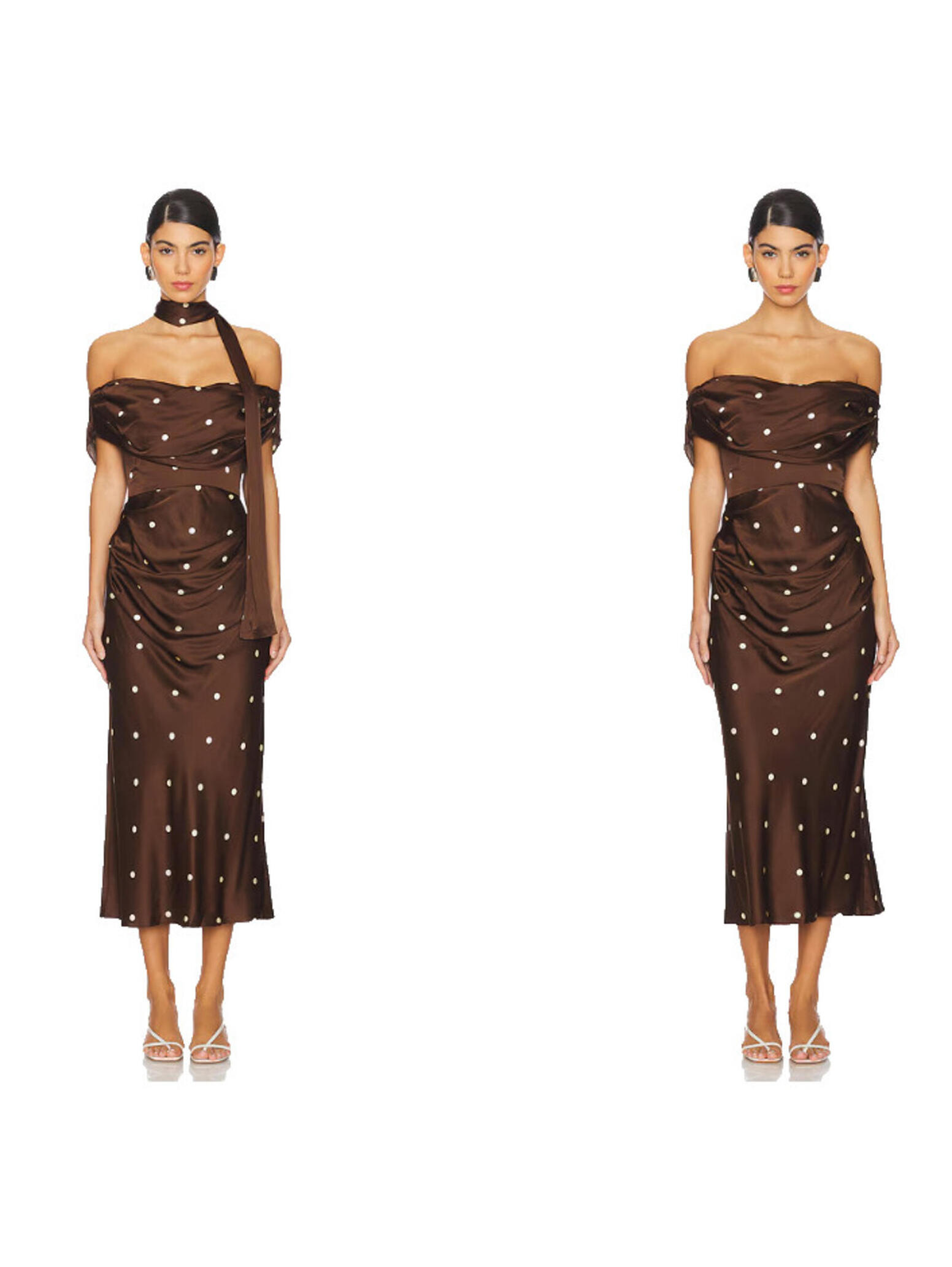 Lpa Luisa Midi Dress Satin Polka Dot Off The Shoulder Brown Size S Nwt $288msrp